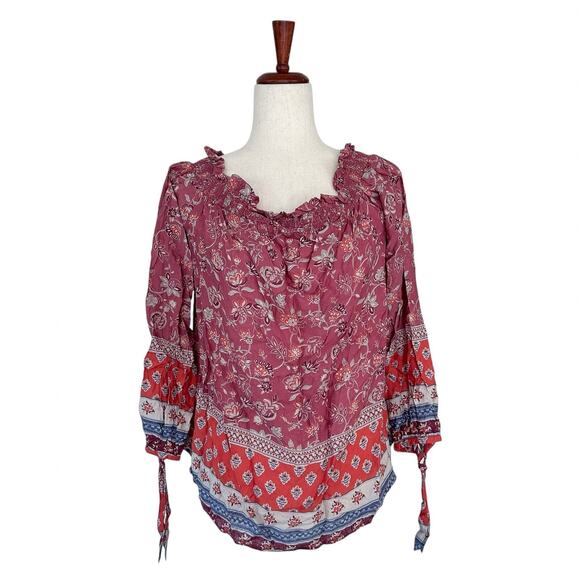 beach lunch lounge Women's Pink Off Shoulder Floral Boho Blouse Shirt Medium - Picture 1 of 11
